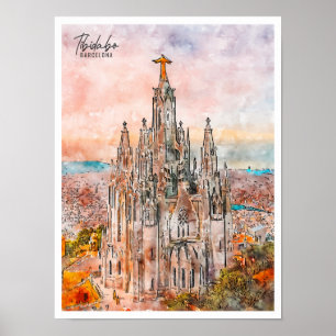 Tibidabo Barcelona Vintage-Reise Aquarell Poster