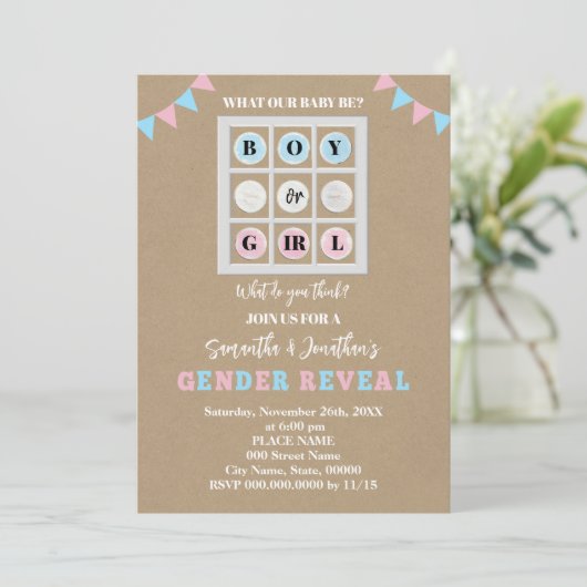 Tic Tac Toe Boy oder Girl Gender Reveal Einladung (Stehend Vorderseite)