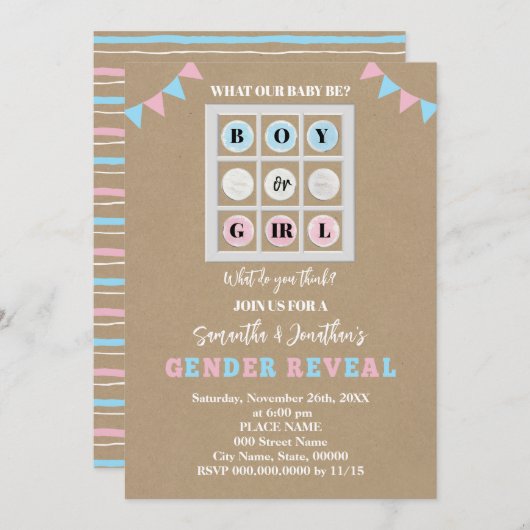 Tic Tac Toe Boy oder Girl Gender Reveal Einladung (Vorne/Hinten)