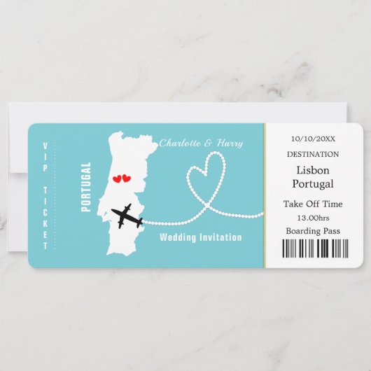 Ticket Boarding Pass Portugal Wedding Destination Einladung (Vorderseite)