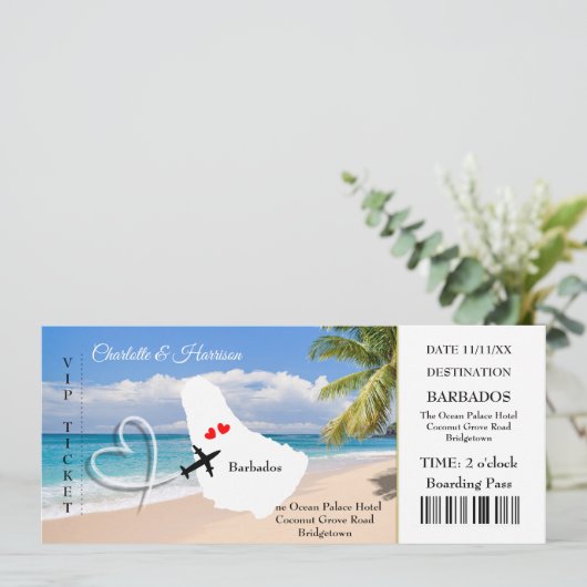 Ticket Boarding Pass Wedding Destination Barbados Einladung (Stehend Vorderseite)