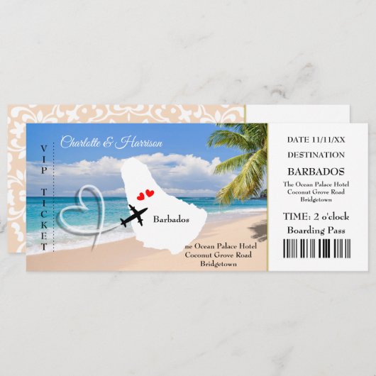 Ticket Boarding Pass Wedding Destination Barbados Einladung (Vorne/Hinten)