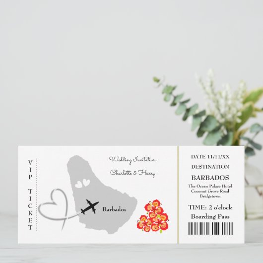 Ticket Boarding Pass Wedding Destination Barbados Einladung (Stehend Vorderseite)
