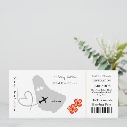 Ticket Boarding Pass Wedding Destination Barbados Einladung (Stehend Vorderseite)
