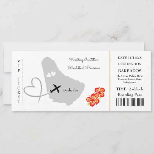 Ticket Boarding Pass Wedding Destination Barbados Einladung (Vorderseite)