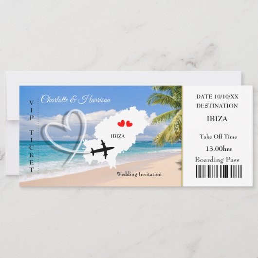 Ticket Boarding Pass Wedding Destination Ibiza Einladung (Vorderseite)