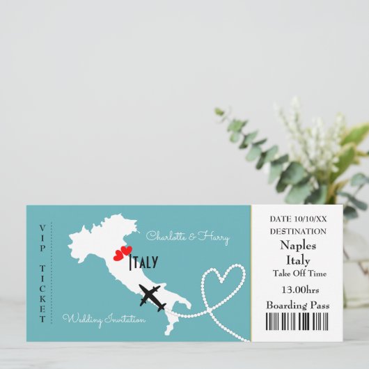 Ticket Boarding Pass Wedding Destination Italien Einladung (Stehend Vorderseite)