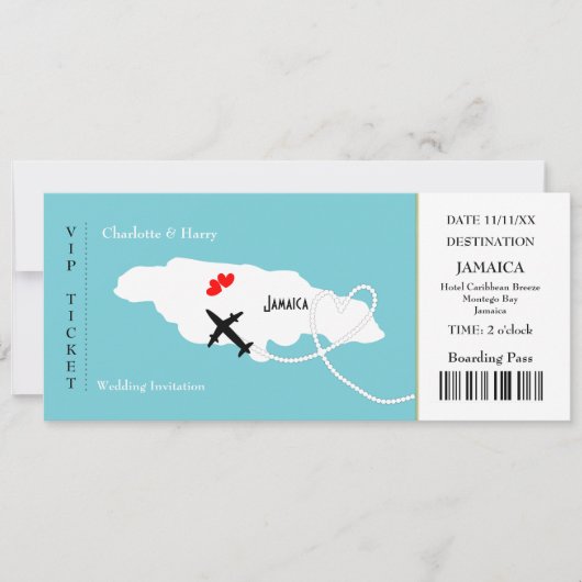Ticket Boarding Pass Wedding Destination Jamaica Einladung (Vorderseite)