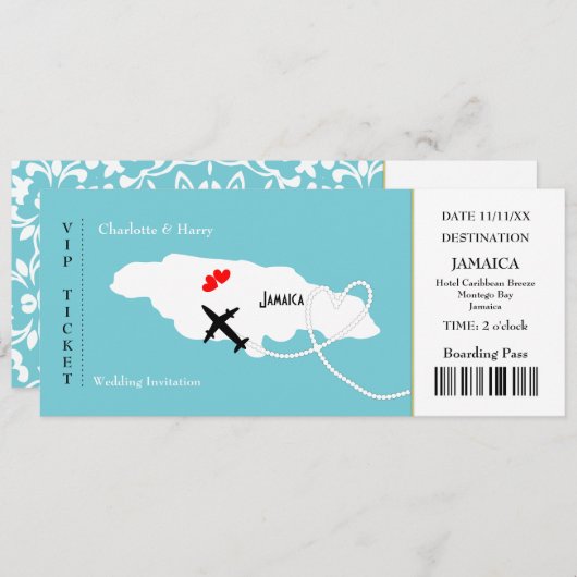 Ticket Boarding Pass Wedding Destination Jamaica Einladung (Vorne/Hinten)