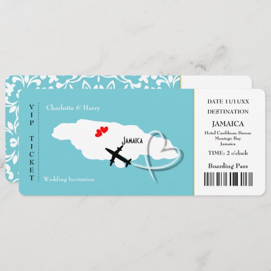Ticket Boarding Pass Wedding Destination Jamaica I Einladung (Vorne/Hinten)