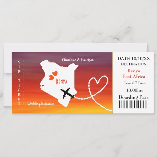Ticket Boarding Pass Wedding Destination Kenya Einladung (Vorderseite)