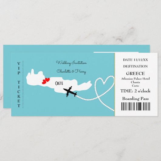 Ticket Boarding Pass Wedding Destination Kreta Einladung (Vorne/Hinten)