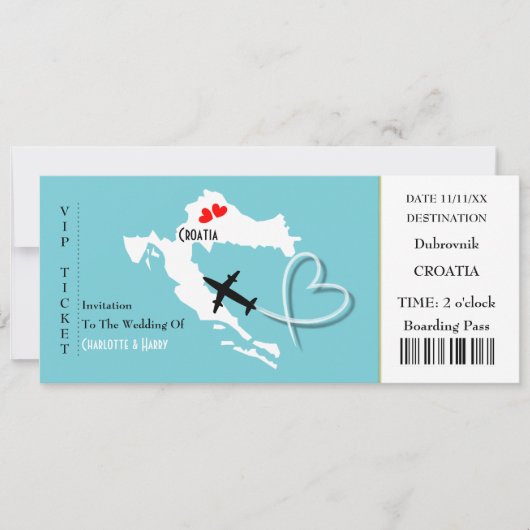 Ticket Boarding Pass Wedding Destination Kroatien Einladung (Vorderseite)