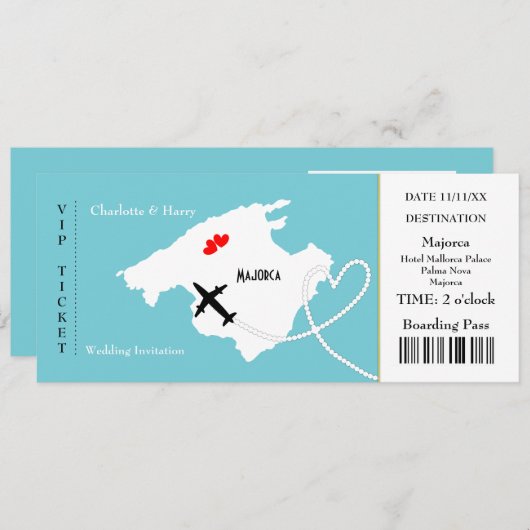 Ticket Boarding Pass Wedding Destination Mallorca Einladung (Vorne/Hinten)
