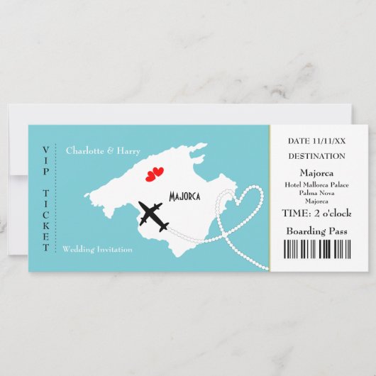 Ticket Boarding Pass Wedding Destination Mallorca Einladung (Vorderseite)