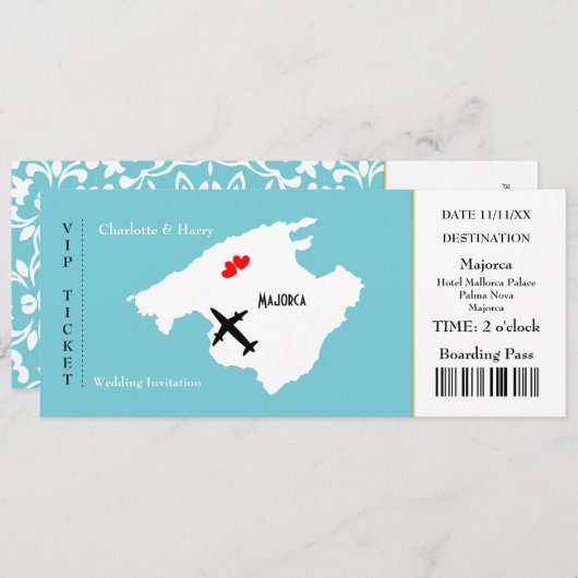 Ticket Boarding Pass Wedding Destination Mallorca Einladung (Vorne/Hinten)