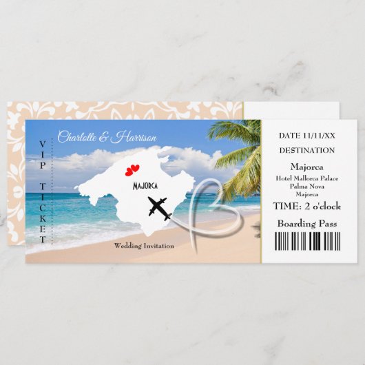Ticket Boarding Pass Wedding Destination Mallorca Einladung (Vorne/Hinten)