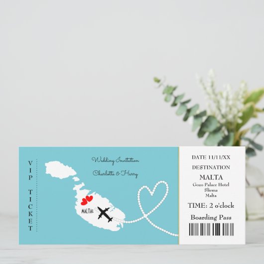 Ticket Boarding Pass Wedding Destination Malta Einladung (Stehend Vorderseite)