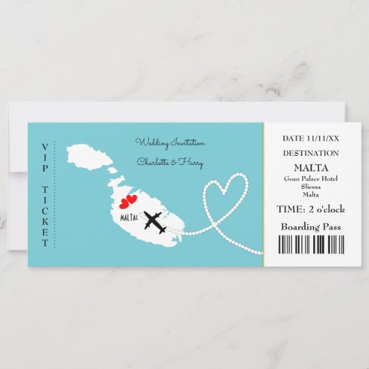 Ticket Boarding Pass Wedding Destination Malta Einladung (Vorderseite)