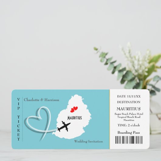 Ticket Boarding Pass Wedding Destination Mauritius Einladung (Stehend Vorderseite)