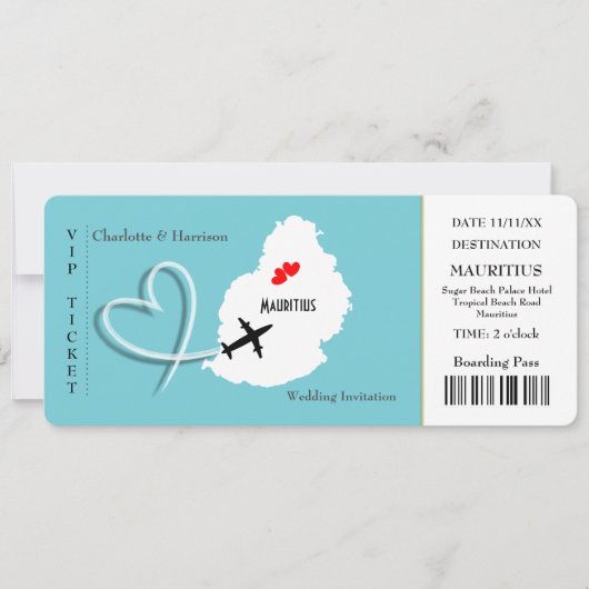 Ticket Boarding Pass Wedding Destination Mauritius Einladung (Vorderseite)