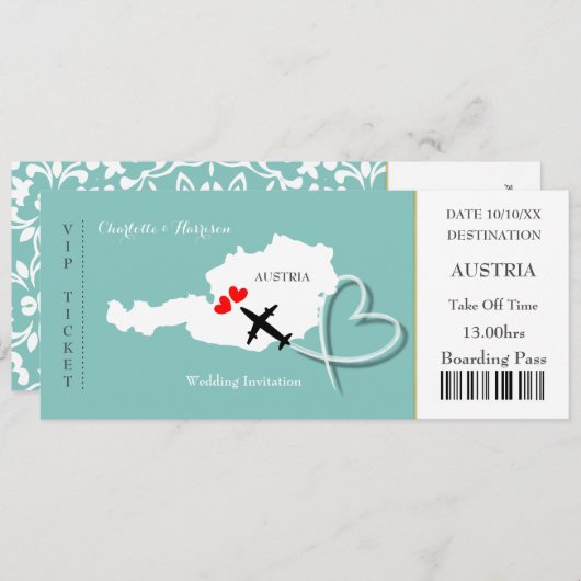 Ticket Boarding Pass Wedding Destination Österreic Einladung (Vorne/Hinten)