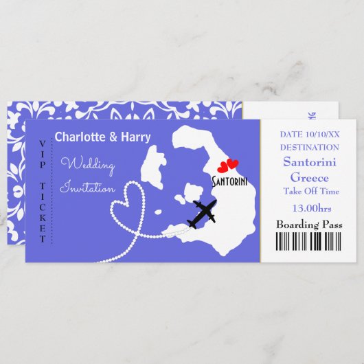 Ticket Boarding Pass Wedding Destination Santorini Einladung (Vorne/Hinten)