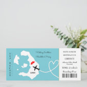 Ticket Boarding Pass Wedding Destination Santorini Einladung (Stehend Vorderseite)