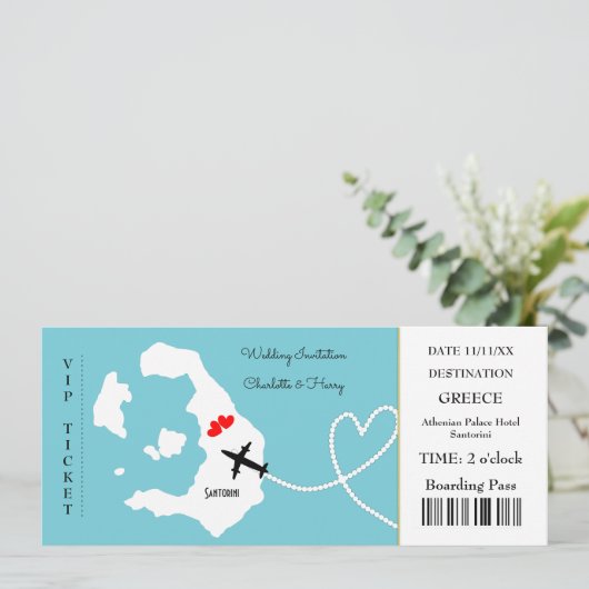 Ticket Boarding Pass Wedding Destination Santorini Einladung (Stehend Vorderseite)