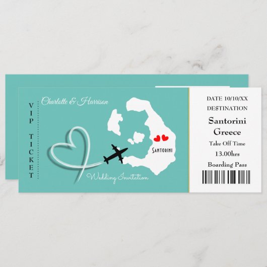 Ticket Boarding Pass Wedding Destination Santorini Einladung (Vorne/Hinten)