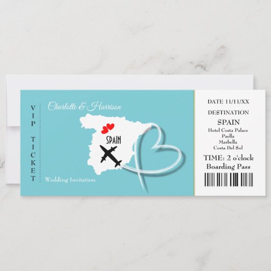 Ticket Boarding Pass Wedding Destination Spanien Einladung (Vorderseite)