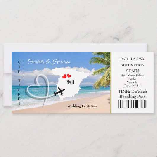 Ticket Boarding Pass Wedding Destination Spanien Einladung (Vorderseite)