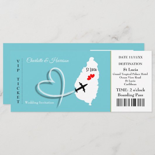 Ticket Boarding Pass Wedding Destination St Lucia Einladung (Vorne/Hinten)
