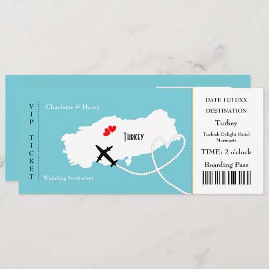 Ticket Boarding Pass Wedding Destination Türkei Einladung (Vorne/Hinten)