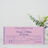 Ticket Einfache Retro Stil Lila Hochzeit Einladung (Stehend Vorderseite)