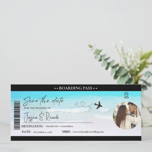 Ticket für Beach Boarding Hochzeit Save The Date (Stehend Vorderseite)