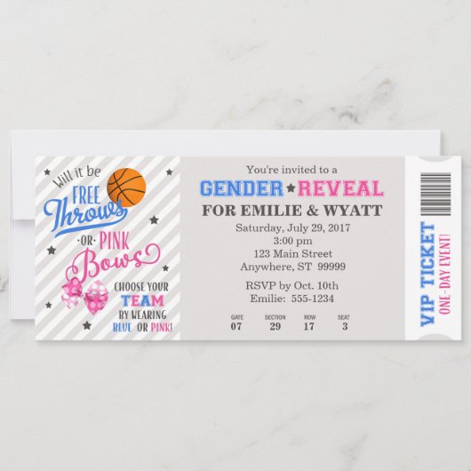 Ticket für das Gender-Freien Throws oder rosa Bows Einladung (Vorderseite)