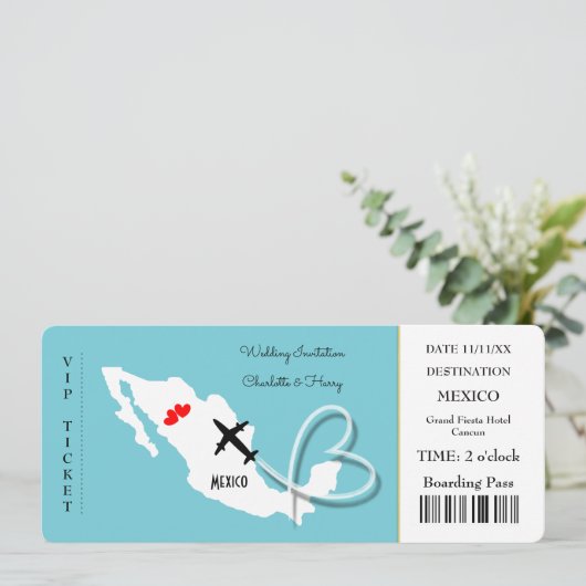 Ticket für das Hochzeitsziel Mexiko Einladung (Stehend Vorderseite)