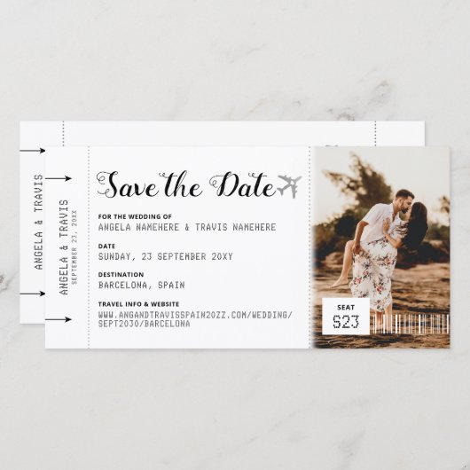 Ticket für den Boarding Pass Zielort Save the Date (Vorne/Hinten)