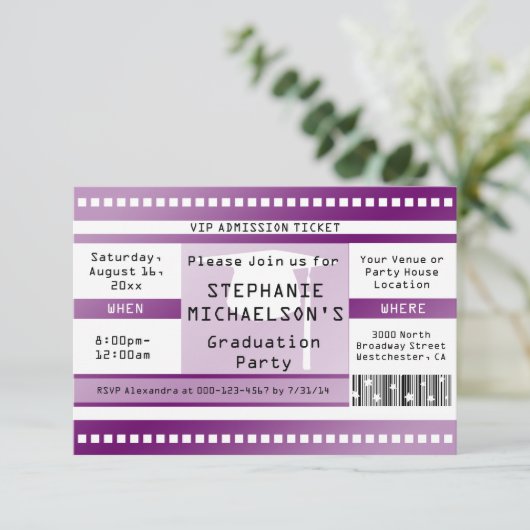 Ticket für den lila Abschluss oder Party Einladung (Stehend Vorderseite)