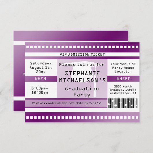 Ticket für den lila Abschluss oder Party Einladung (Vorne/Hinten)