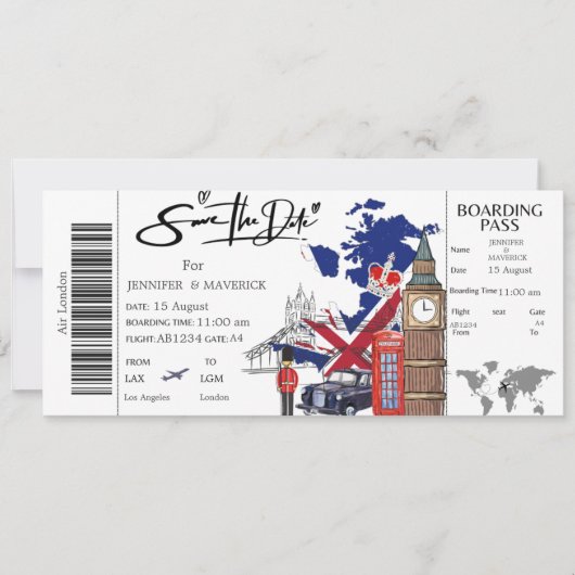 Ticket für den Londoner Boarding Save the Date Einladung (Vorderseite)