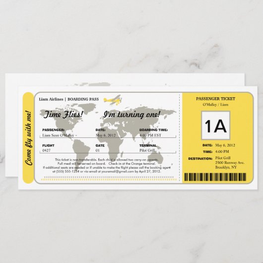 Ticket für den World Map Birthday Boarding Pass Einladung (Vorne/Hinten)