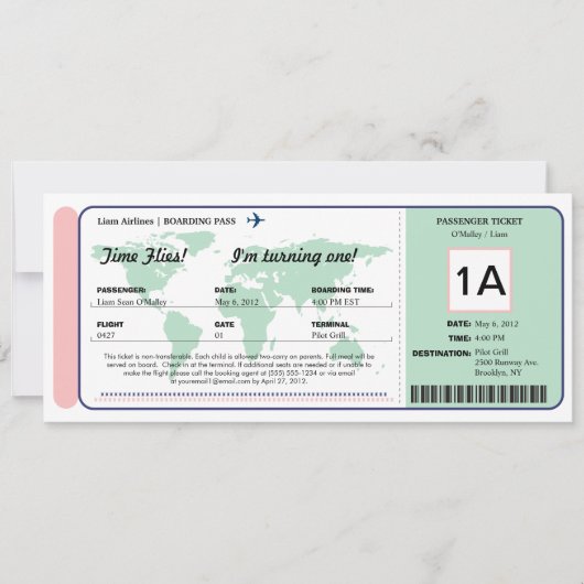 Ticket für den World Map Birthday Boarding Pass Einladung (Vorderseite)
