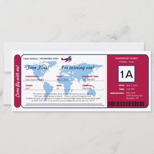 Ticket für den World Map Birthday Boarding Pass Einladung (Vorderseite)