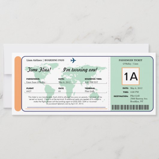 Ticket für den World Map Birthday Boarding Pass Einladung (Vorderseite)