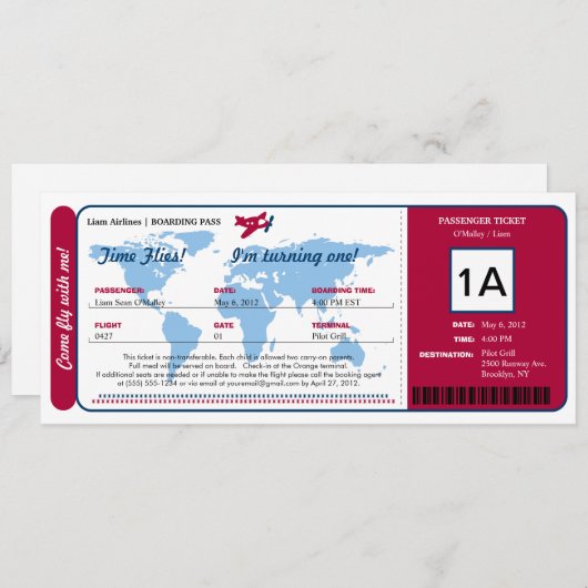 Ticket für den World Map Birthday Boarding Pass Einladung (Vorne/Hinten)