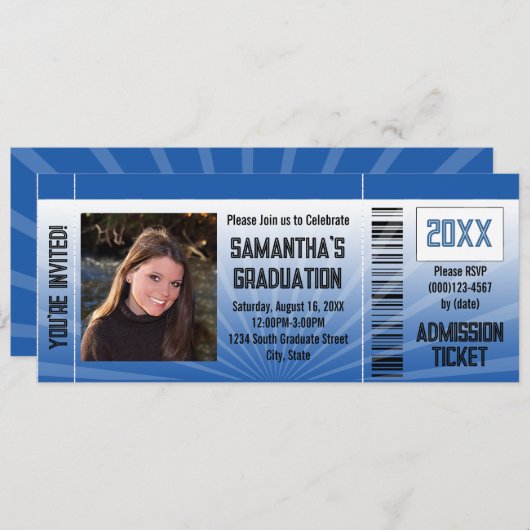 Ticket für eine Blaue Absolventin Einladung (Vorne/Hinten)