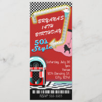 Ticket für Geburtstagsparty im Stil der 50er Jahre