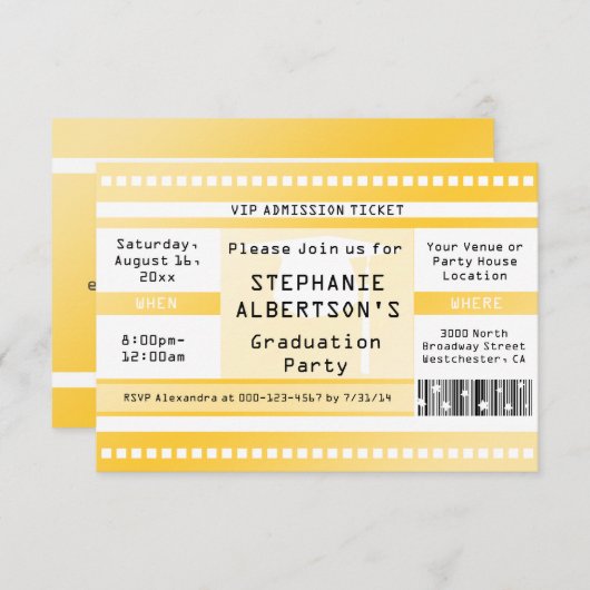 Ticket für Gelben Abschluss oder Party Einladung (Vorne/Hinten)